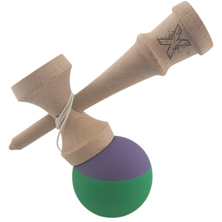 Kendama X Originala, Profesionala, Cyrax, din Lemn, Rubber Grip, 18 cm, Verde/Mov