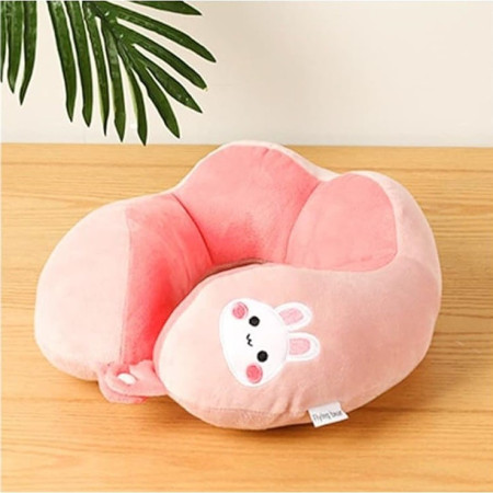 Perna de Calatorie,  Pentru Gat si Cap, Umplutura din Bumbac, 28x28x10 cm, cu Model Brodat Iepure, Roz