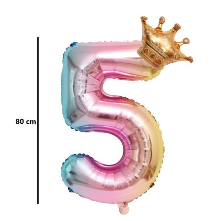 Balon din Folie Metalizata, Cyrax, Figurina Cifra Gradient, Tema Aniversare 80 cm, Ambalaj Individual, Pai inclus, Umflare cu Aer sau Heliu, Coronita, Cifra 5