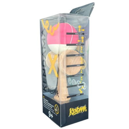 Kendama X Originala, Profesionala, Cyrax, din Lemn, 18 cm, Rubber Grip, Roz inchis/Alb