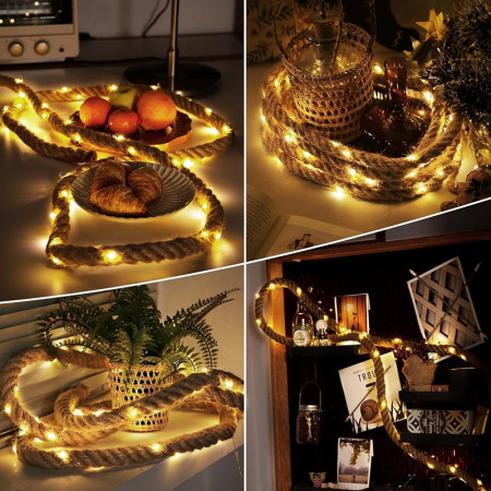 Instalatie Luminoasa,  cu Fir de Cupru, 2 m, 40 LED-uri, Model Sfoara de Canepa, cu Baterii, IP44, Alb Cald