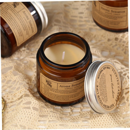 Lumanare Parfumata,  Model Borcan Maro, Aroma de Lavanda, din Ceara Vegetala, 6 x 6.5 x 6.5 cm, Maro