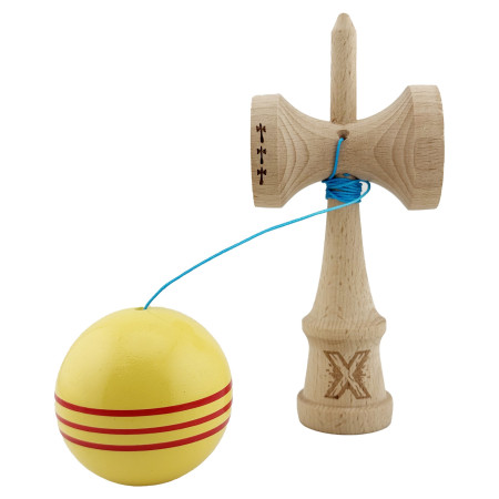 Kendama X Originala, Profesionala, Cyrax, Big Cups V2, Super Sticky Legendary Cupe Mari, Rulment Metalic cu Ata 55 cm, Galben/Linii Rosii