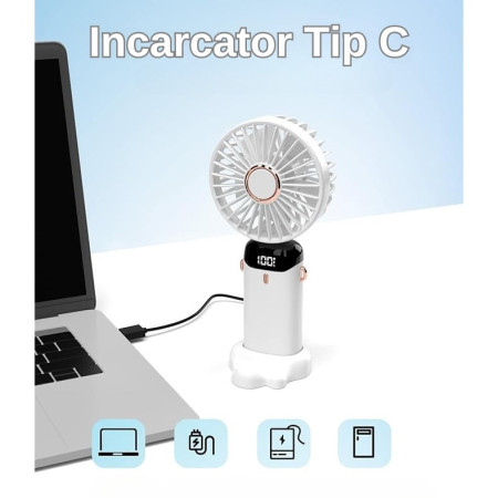 Ventilator Ultra Portabil cu Aromaterapie,  3 in 1, de Mana, de Birou, de Gat, 5 Trepte de Viteza, Incarcare USB, Autonomie 12h, Pliabil, cu Ecran LCD, Alb