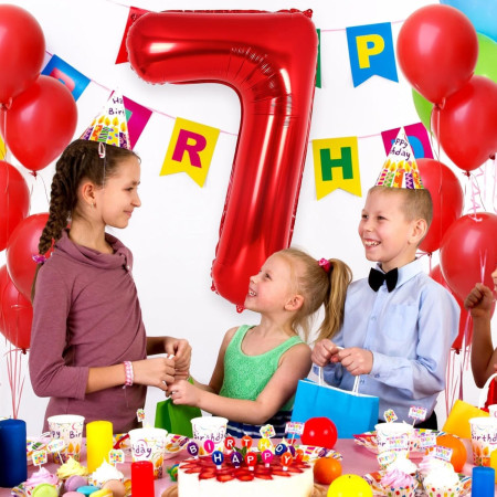Balon din Folie Metalizata Cyrax, Figurina Cifra, Tema Aniversare 100 cm, Ambalaj Individual, Pai inclus, Umflare cu Aer sau Heliu, Rosu, Cifra 7