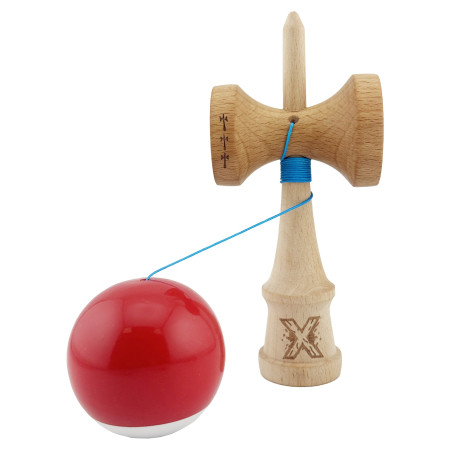 Kendama X Originala, Profesionala, Cyrax, Big Cups V2, Super Sticky cu Cupe Mari, din lemn 18 cm, Rulment Metalic cu Ata 55 cm, Rosu/Alb