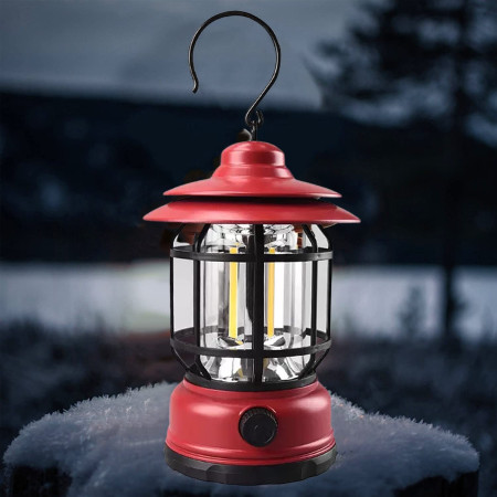 Portable camping light, vintage lantern with hook, ABS, 21 COB LED lighting, adjustable intensity, 5W, reversible, red rechargeable