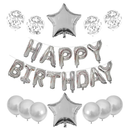Set 25 de Baloane din Folie Metalizata si Latex, Cyrax, Figurine 2 Stele, 4 Baloane Confetti, 13 Litere, 6 Latex, Model Happy Birthday, Tema Aniversare, 40 cm, Ambalaj Individual, Pai Inclus, Umflare cu Aer sau Heliu, Argintiu