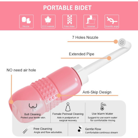 Bideu Portabil pentru Igiena Intima,  pentru Postpartum/ Postoperator, 450 mL, cu Capac si Husa Galbena, 29.5x7 cm, Culoare Recipient Roz