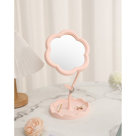 Oglindă de Machiaj pentru Birou, Cyrax, Rotativă, Detasabilă, Model de Floarea Soarelui, Suport pentru Inele, cu Depozitare, Roz