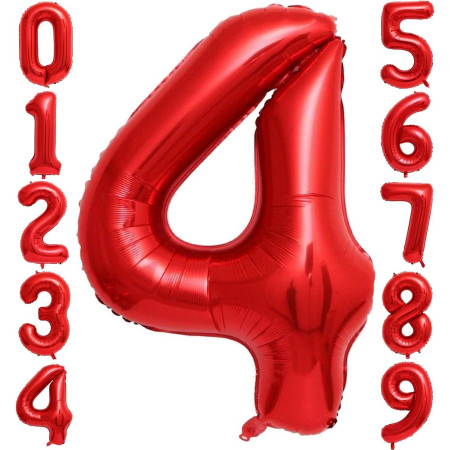 Balon din Folie Metalizata Cyrax, Figurina Cifra, Tema Aniversare 100 cm, Ambalaj Individual, Pai inclus, Umflare cu Aer sau Heliu, Rosu, Cifra 4