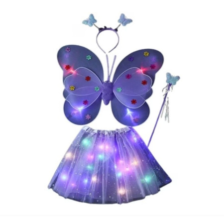 Costum Fluturas cu Aripi Modelabile Luminoase pentru Copii, Cyrax, Fusta din Tul cu Lumini, Bagheta si Bentita, 4 piese, Pentru Halloween, Roleplay, Craciun, Carnaval, Paste, Ziua Copilului, Bumbac/Poliester, Marime universala, Mov