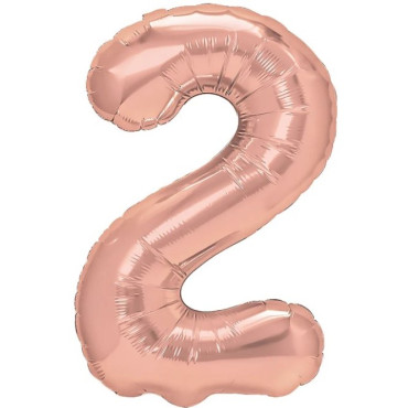 Balon din Folie Metalizata Cyrax, Figurina Cifra, Tema Aniversare 40 cm, Ambalaj Individual, Pai inclus, Umflare cu Aer sau Heliu, Rose Gold, Cifra 2