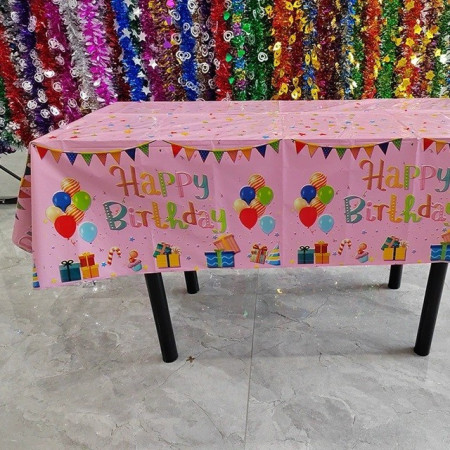 Fata de Masa, Cyrax, din Folie, Imprimeu Happy Birthday cu Baloane, 137 x 183 cm, Roz