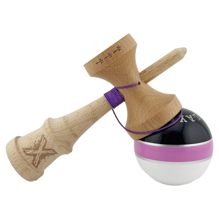 Kendama X ROYAL SPIKE Originala, Profesionala, Cyrax, Big Cups V2, Super Sticky cu Cupe Mari, Rulment Metalic, din lemn 18 cm, Ata 55 cm, Negru/Roz Silver/Alb