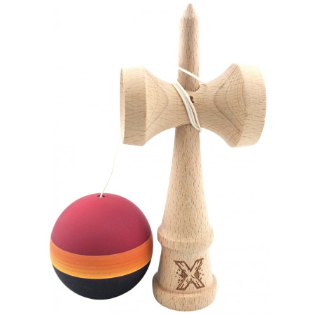 Kendama Originala X, Profesionala, Cyrax, Rubber Grip, din Lemn, 18 cm, Rosu/Galben/Negru
