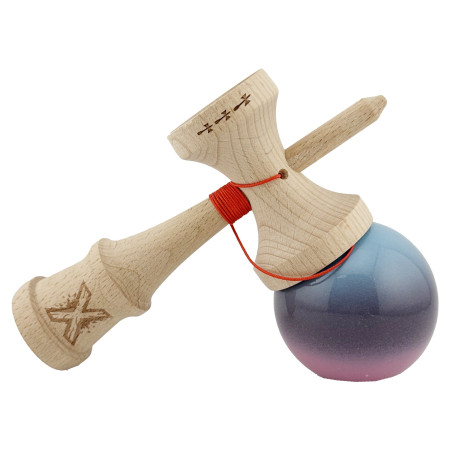 Kendama X Originala, Profesionala, Cyrax, Big Cups V2, Super Sticky Cupe Mari, Rulment Metalic cu Ata 55 cm, Albastru Deschis/Mov/Roz