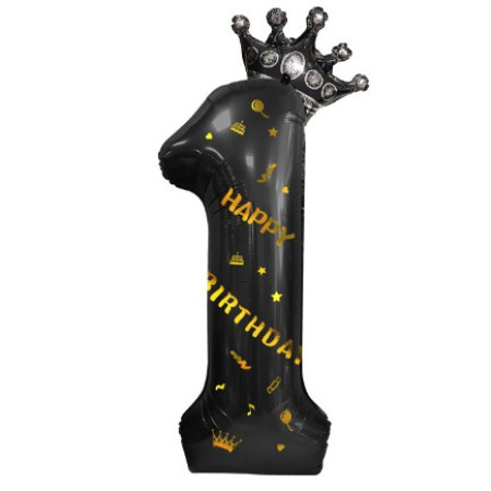 Balon din Folie Metalizata Cyrax, Figurina Cifra si Coroana, Scris Happy Birthday, Tema Aniversare 100 cm, Ambalaj Individual, Pai inclus, Umflare cu Aer sau Heliu, Negru, Cifra 1