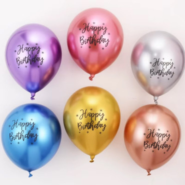 Baloane din Latex Metal Cromat, Cyrax, set din 10 Baloane, Cu Decoratiuni Printate HAPPY BIRTHDAY, Pentru Petrecere Auriu Argintiu Albastru Rosu Mov, Set Multicolor
