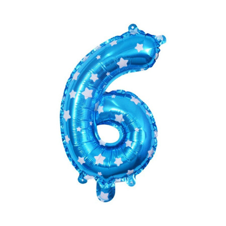 Balon din Folie Metalizata Cyrax, Figurina Cifra, Imprimeu Stele, Tema Aniversare 80 cm, Ambalaj Individual, Pai inclus, Umflare cu Aer sau Heliu, Albastru, Cifra 6