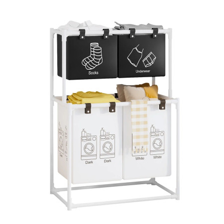Cos de Rufe,  cu 2 Etaje, 4 Cosuri, Cadru de Otel Inoxidabil, 97x44x57 cm, Alb
