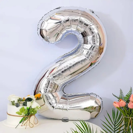 Balon din Folie Cyrax, Cifra 2, 81 cm, Pentru Aer sau Heliu, Bulk, Argintiu