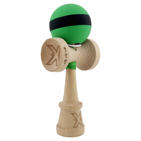 Kendama X Originala, Profesionala, Cyrax, Cupe Mari KING SIZE V3, Rubber Grip, Gaura in Baza, Rulment Metalic, din lemn 18 cm, Ata 62/65 cm, M Bicolor Verde Dublu/Negru