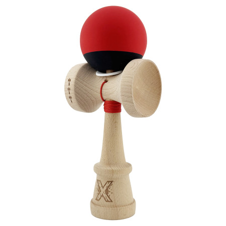 Kendama X Originala, Profesionala, Cyrax, Cupe Mari KING SIZE V3, Rubber Grip, Gaura in Baza, Rulment Metalic, din lemn 18 cm, Ata 62/65 cm, Bicolor Rosu/Negru
