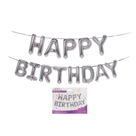 Set 13 Baloane Folie, Cyrax, Tip Ghirlanda, Model Happy Birthday, 40 cm, Argintiu