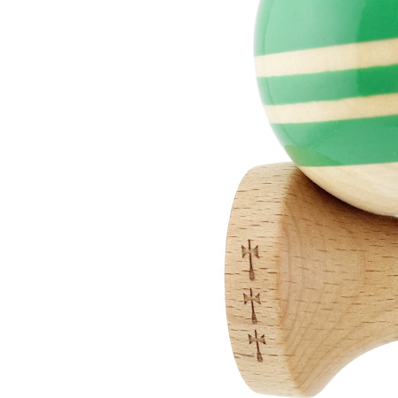 Kendama X Rainbow Originala, Profesionala, Cyrax, Big Cups V2, Super Sticky cu Cupe Mari, Rulment Metalic, din lemn 18 cm, Ata 55 cm, Verde/Maro