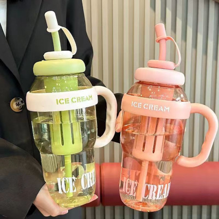 Sticla de Apa, Cyrax, Termica, Mentinere 6 Ore, 1400 mL, cu Pai si Capac, PP si Silicon, cu Maner Alb, 25.5x7.5 cm, Roz Deschis