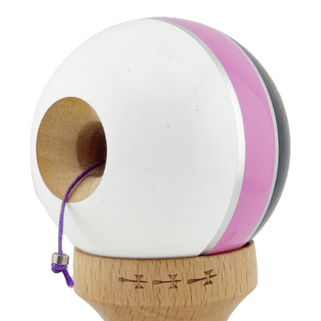 Kendama X ROYAL SPIKE Originala, Profesionala, Cyrax, Big Cups V2, Super Sticky cu Cupe Mari, Rulment Metalic, din lemn 18 cm, Ata 55 cm, Negru/Roz Silver/Alb