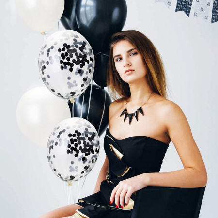 Set 10 Baloane din Latex, Cyrax, Model Party Confetti, 5 x Confetti, 5 x Negru, 25 cm, 2.2g