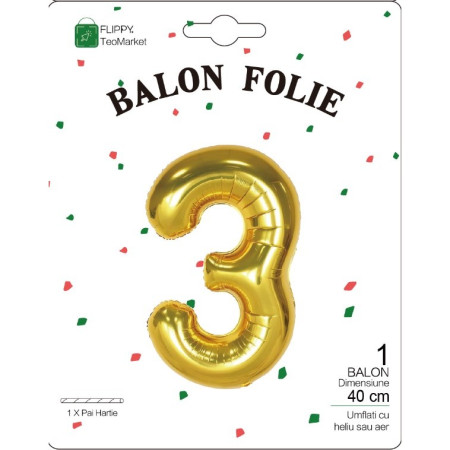 Balon din Folie Metalizata Cyrax, Figurina Cifra, Tema Aniversare 40 cm, Ambalaj Individual, Pai inclus, Umflare cu Aer sau Heliu, Auriu, Cifra 3