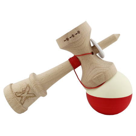 Kendama X Originala, Profesionala, Cyrax, Rubber Grip, Cupe Mari KING SIZE V3, Gaura in Baza, Rulment Metalic, din lemn 18 cm, Ata 62/65 cm, Bicolor Galben/Rosu