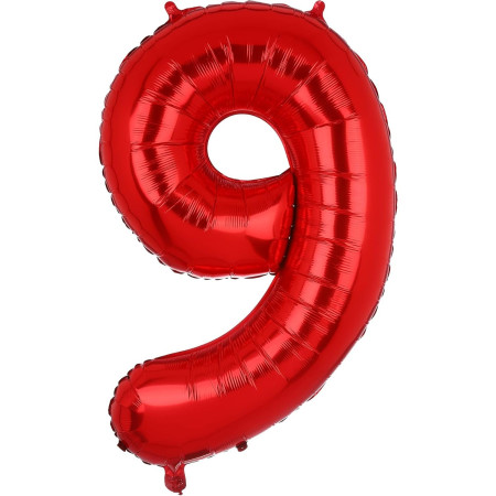 Balon din Folie Metalizata Cyrax, Figurina Cifra, Tema Aniversare 100 cm, Ambalaj Individual, Pai inclus, Umflare cu Aer sau Heliu, Rosu, Cifra 9