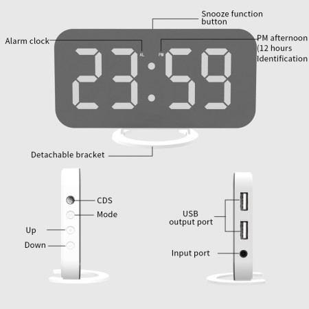 Ceas digital cu LED,  multifunctional, afisaj digital, alarma, 2 porturi USB de iesire, ecran tip oglinda, modern, 15.8 cm, alb