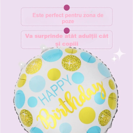 Balon din Folie Metalizata, Cyrax, Figurine, Model 5, Happy Birthday, Tematica Aniversare, 45 cm, Ambalaj Individual, Pai Inclus, Umflare cu Aer sau Heliu, Multicolor