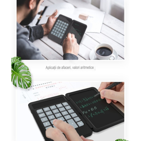 Calculator de Mana Reincarcabil cu Tabla de Scris,  Calculator Portabil, Ecran LCD, Afisaj cu 12 Cifre, Ecran de 15 cm, Culoare Negru