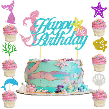 Set Toppere pentru Tort si Prajituri, Cyrax, Tematica Sirena, Model Mare Scris Happy Birthday 16.5x8.2 cm, 6 Toppere Mici Model Marin 5x5 cm, Multicolor