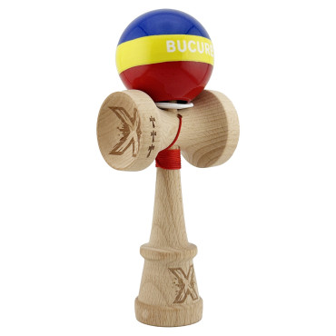 Kendama X Originala, Profesionala, Cyrax, Tricolor Edition BUCURESTI, Super Sticky cu Cupe Mari KING SIZE V3, Rulment Metalic si Gaura in Baza, din Lemn 18 cm, Ata 62/65 cm, Multicolor