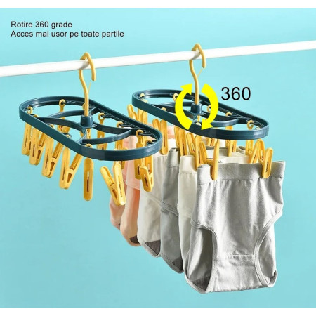 Uscator de Rufe Suspendat  cu 12 Carlige, Rotire 360 Grade, Protectie Vant, Mateiral Plastic, Usor de Depozitat, Multifunctional, 30 x 12.5 cm, Albastru/Galben