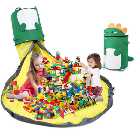 Cutie de Depozitare 2In1,  Impermeabila, Covor pentru Jucarii si Lego 150cm, Capacitate Mare, cu Manere, cu Sfori, Inaltime 40cm, Model Dinozaur, Verde