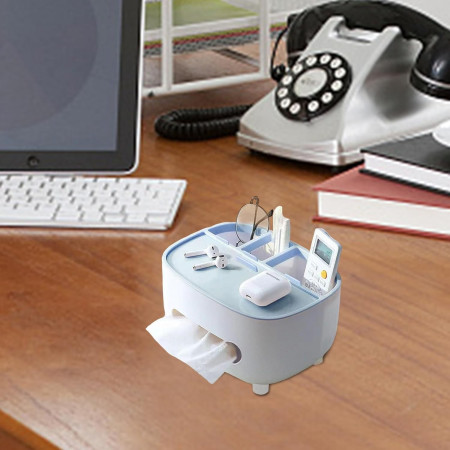 Suport pentru Servetele,  Cutie Multifunctionala, Design Minimalist, ABS, cu Suport pentru Obiectele Personale, pentru Birou, 21x12x12 cm, Albastru