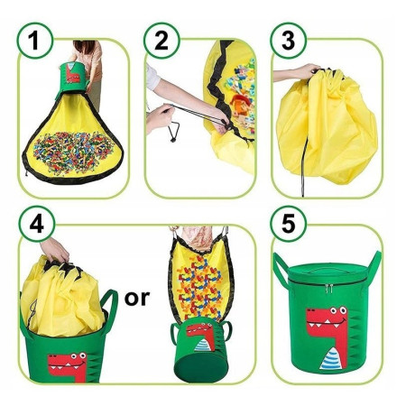 Cutie de Depozitare 2In1,  Impermeabila, Covor pentru Jucarii si Lego 150cm, Capacitate Mare, cu Manere, cu Sfori, Inaltime 40cm, Model Crocodil, Verde