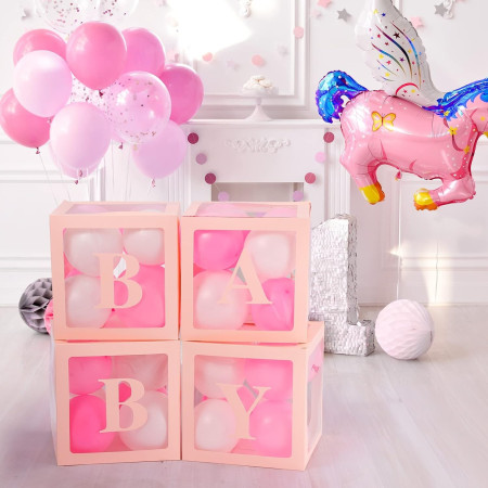 Set 4 Cutii pentru Baloane, Cyrax, Model Scris Baby, Tematica Iubire, Cuburi Decorative din Plastic, Accesorii pentru Petrecere, 30 x30 cm, Transparente Contur Roz