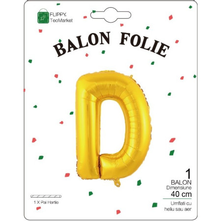 Balon Folie Metalizata Litera D, Cyrax, 40 cm, Umflati cu Heliu sau Aer, Ambalaj Individual, Pai inclus, Auriu