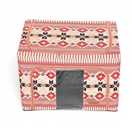 Cutie de Depozitare Pliabila,  66 L din Bumbac si In, 52 x 42 x 39 cm, Fereastra Frontala, 2 Usi de Acces cu Fermoar Bidirectional, Cadru Metalic, Suport Baza Stabil din Plastic, Motiv Traditional Model 5