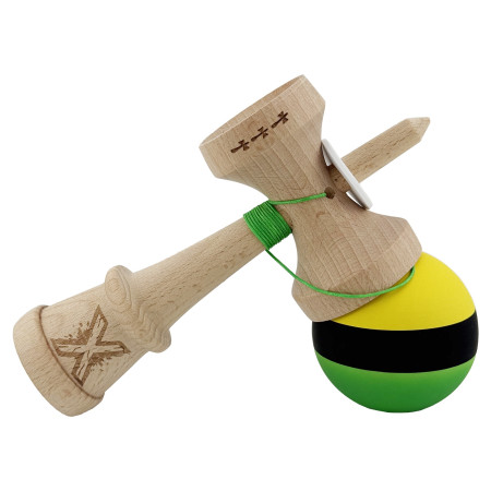 Kendama X Originala, Profesionala, Cyrax, Cupe Mari KING SIZE V3, Rubber Grip, Gaura in Baza, Rulment Metalic, din lemn 18 cm, Ata 62/65 cm, M Galben/Negru/Verde