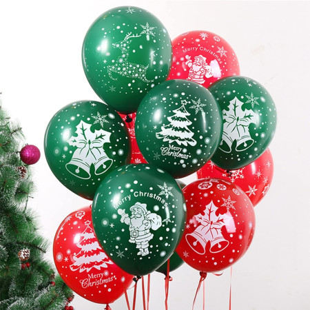 Set 16 Baloane din Latex, Cyrax, Model Merry Christmas, Tematica Craciun, 25 cm, Verde Rosu